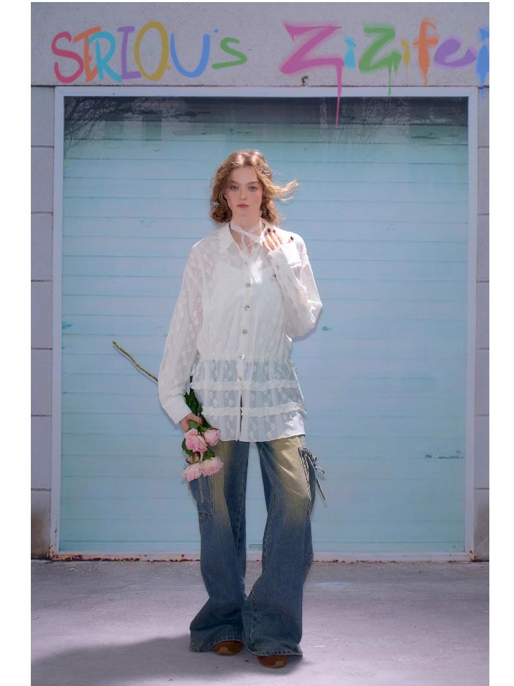 Waisted Lace Long Sleeve Blouse【s0000011680】