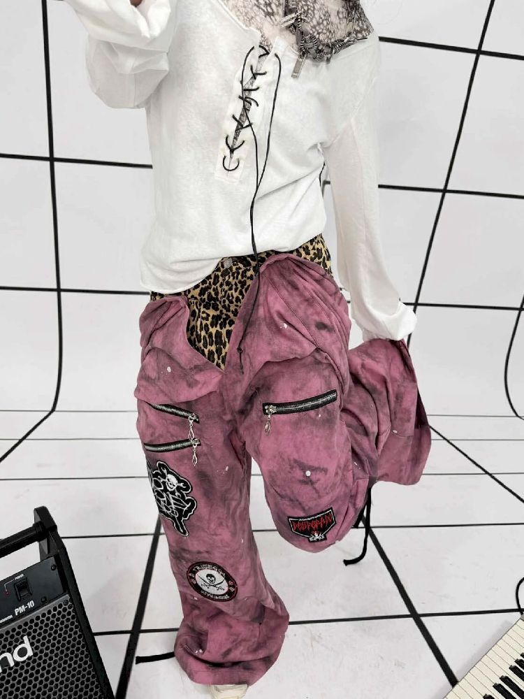 Punk double-waisted pink pants【s0000011686】