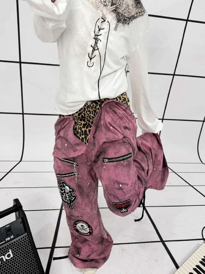 Punk double-waisted pink pants【s0000011686】