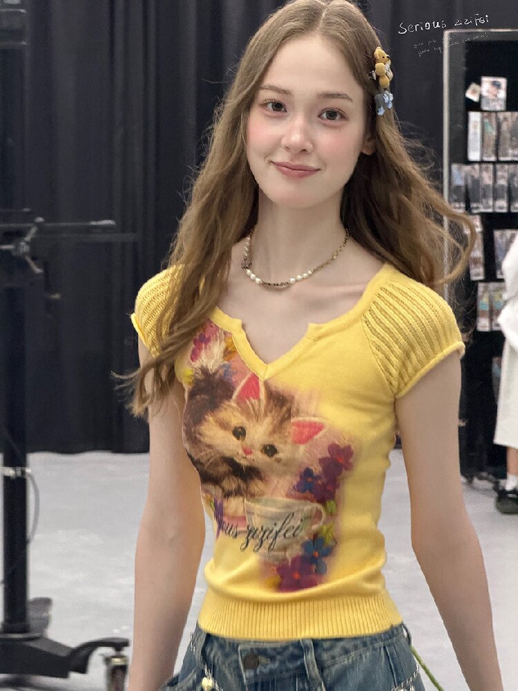 Warm Yellow Cat Print Knitted T-Shirt【s0000017148】