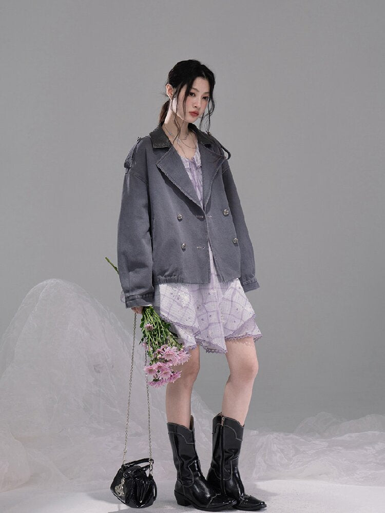 Ink Gray Leather Washed Denim Jacket【s0000015741】