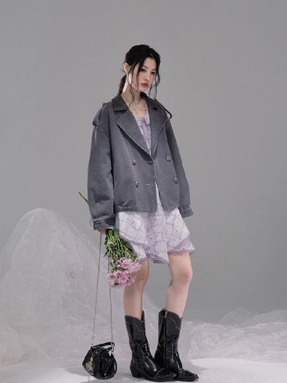 Ink Gray Leather Washed Denim Jacket【s0000015741】