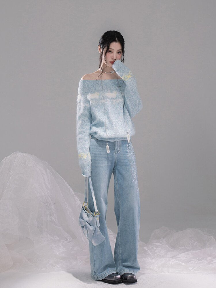 Blue One-Shoulder Jacquard Sweater【s0000015736】