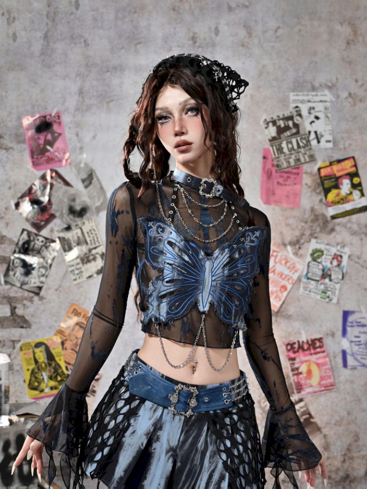 Butterfly Breast Plunge Mesh Bottom Shirt【s0000013506】