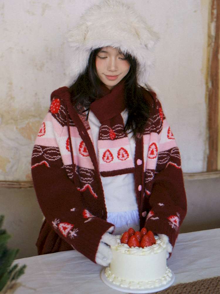 Strawberry Cake Jacquard Knit Scarf【s0000014943】