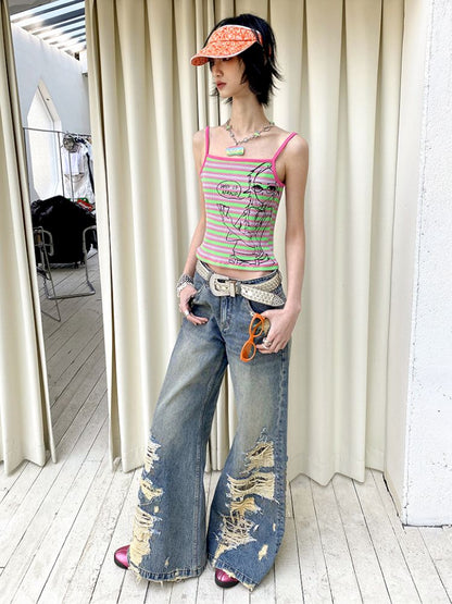 Card-playing girl striped tank top【s0000012959】