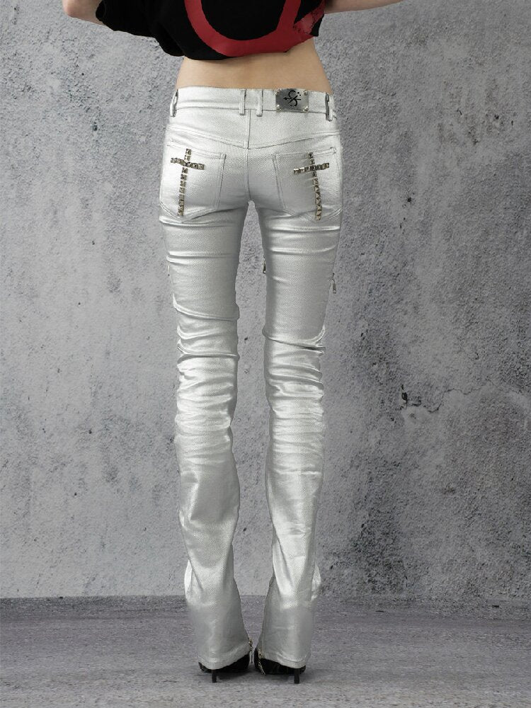 Silver Coated Studded Zip Pants【s0000016946】