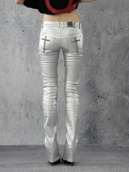 Silver Coated Studded Zip Pants【s0000016946】