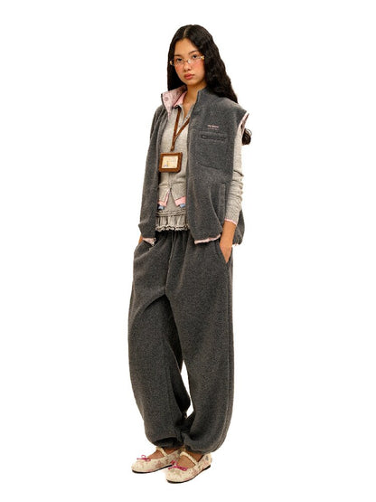 Panelled Printed Fleece Loose Vest【s0000016069】