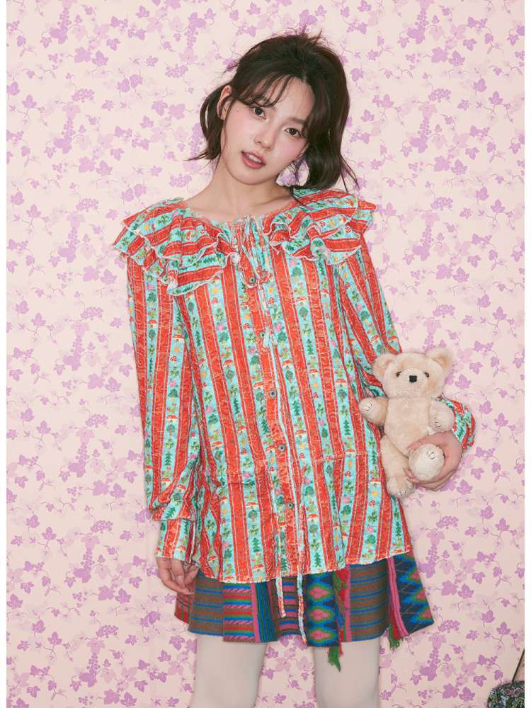 Red Green Stripe Lace Collar Shirt【s0000015368】