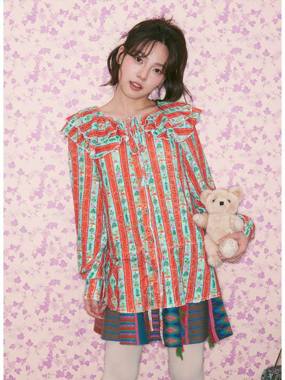 Red Green Stripe Lace Collar Shirt【s0000015368】