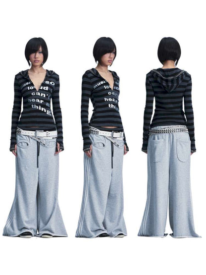 Black Gray Striped Stud Top Set【s0000014667】