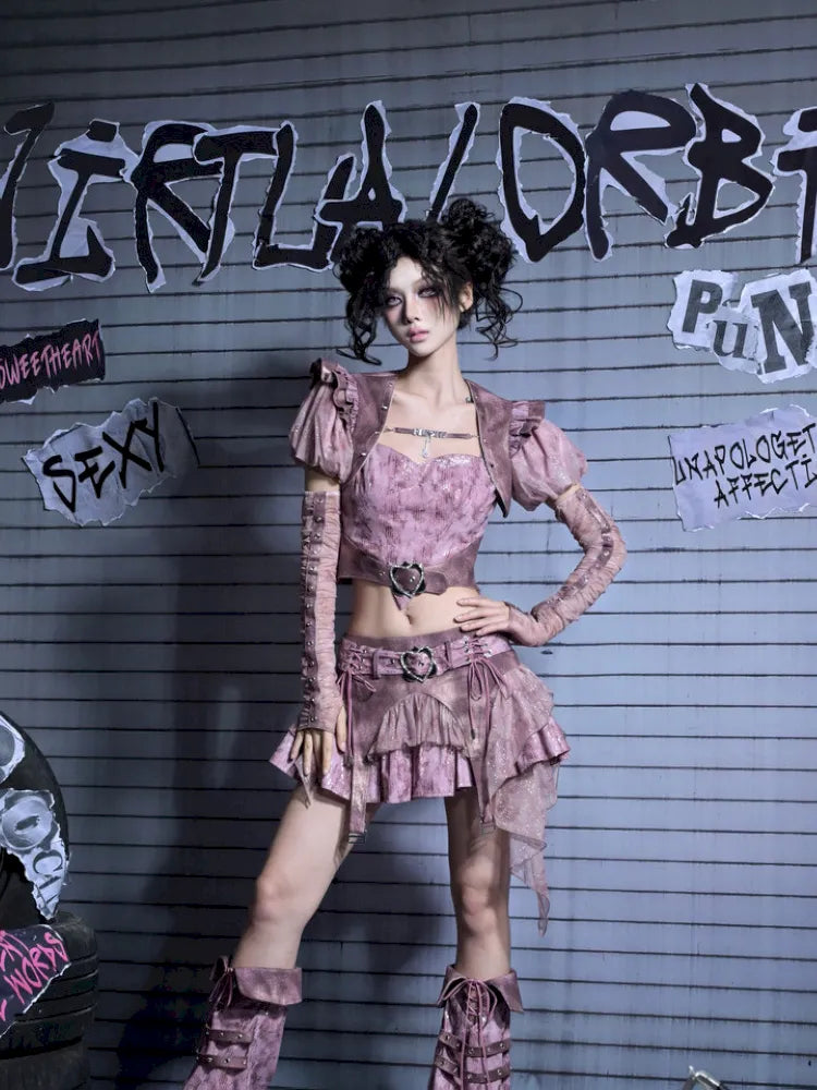 Puff Sleeve Heart-Print Strapless Two-Piece Top【s0000014027】