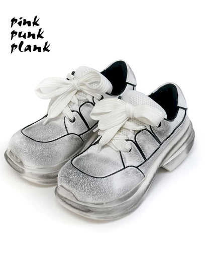 White Tumbled Leather Aged Sports Chunky Shoes【s0000006659】