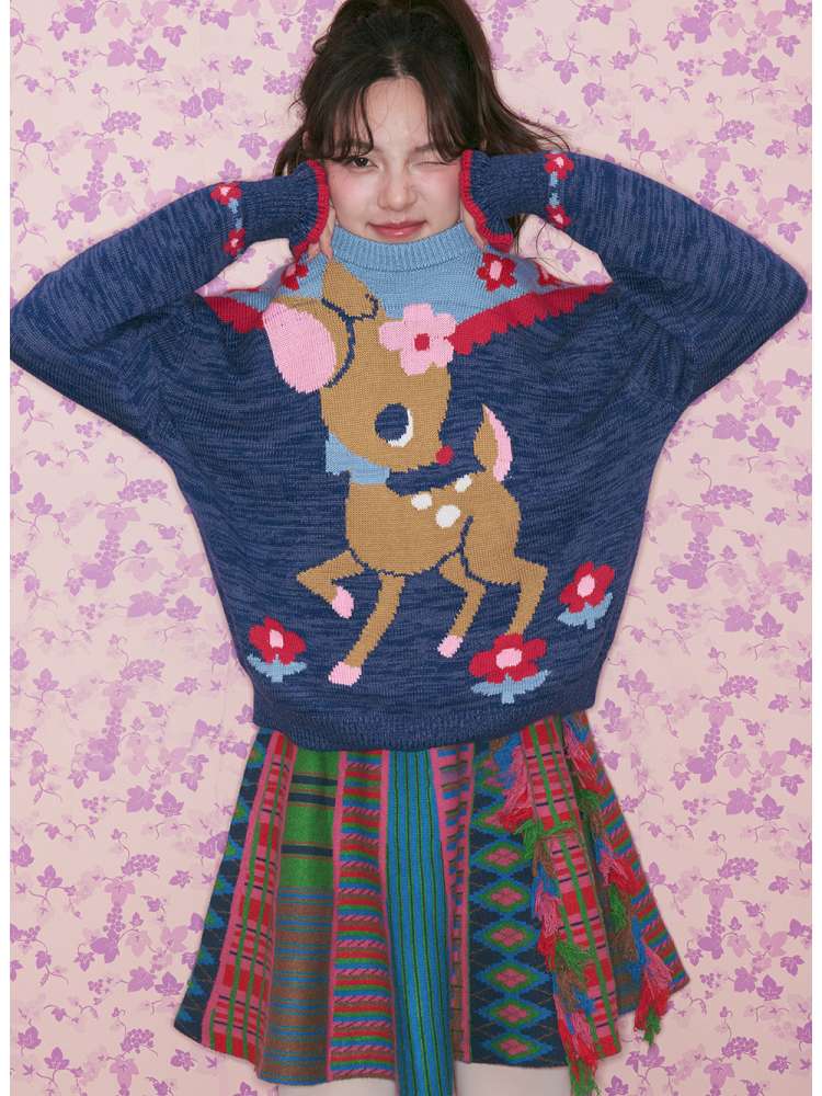 Navy Blue Off-white Fawn Sweater【s0000015025】