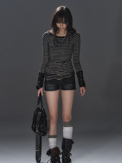 Striped Slim Punk Raglan T-Shirt【s0000016234】
