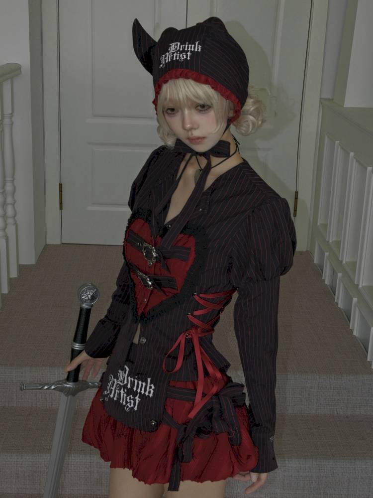 Lace-Up Striped Puff-Sleeve Lantern Skirt Shirt【s0000014435】