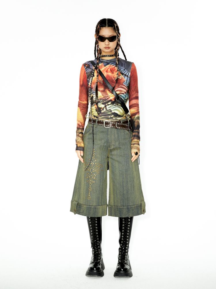 장식 된 렌더링 된 세척 데님 미디 바지 [S0000006271]