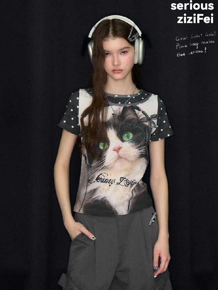 Vintage Polka Dot Cat Print T Shirt【s0000017312】