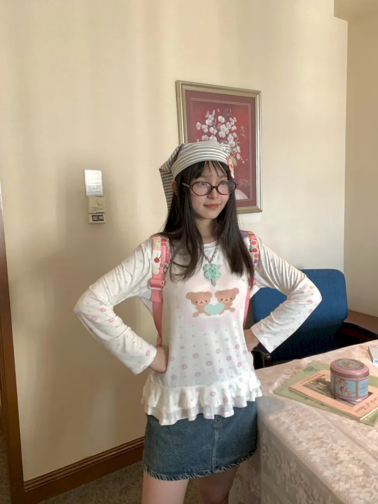 Bear Heart Lace Long-Sleeve T-Shirt【s0000014170】