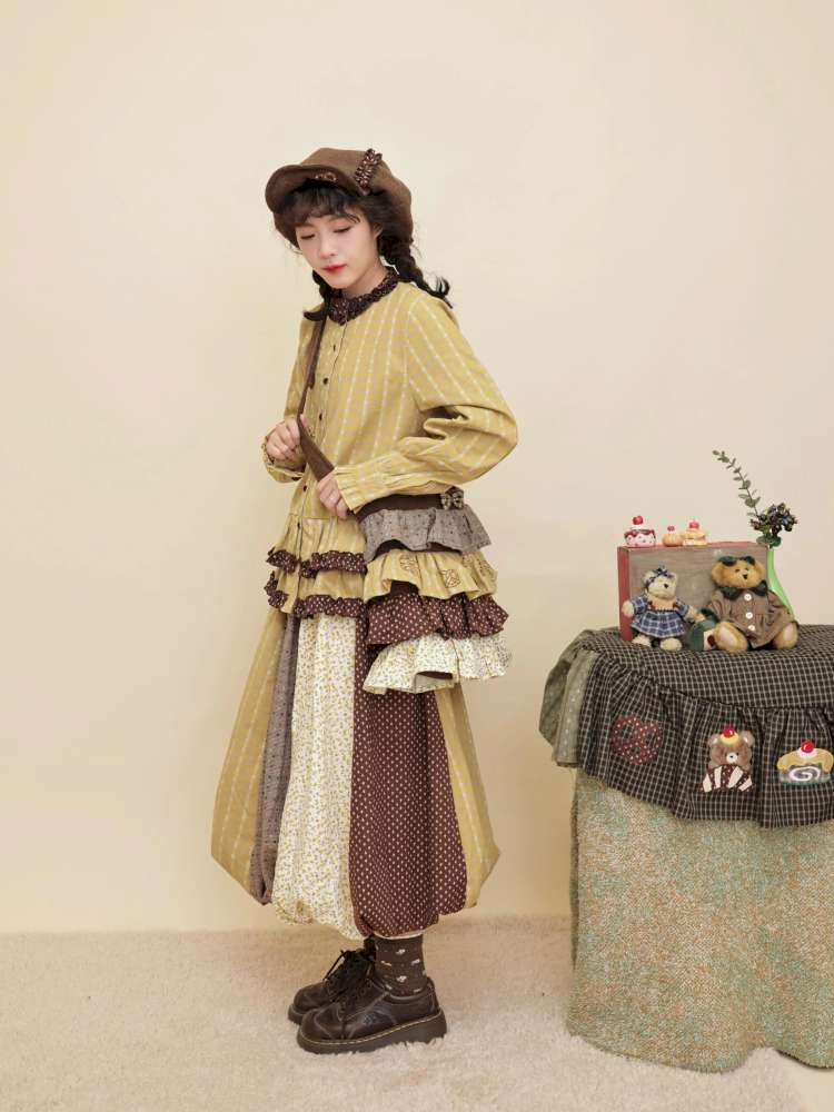 Vintage Girly Yellow Brown Flower Skirt【s0000014840】