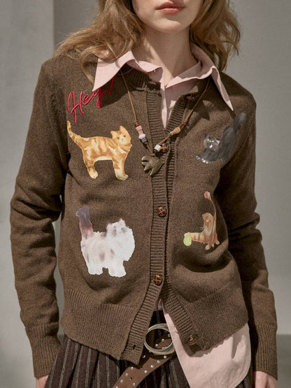 Playful Kitten Print Knit Cardigan【s0000014395】