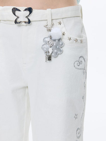 White Glitter Belt Slacks Pants【s0000016403】