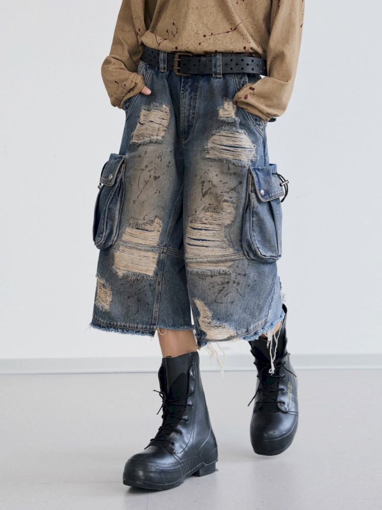 Washed and Ripped Denim Seven-Point Pants【s0000012476】