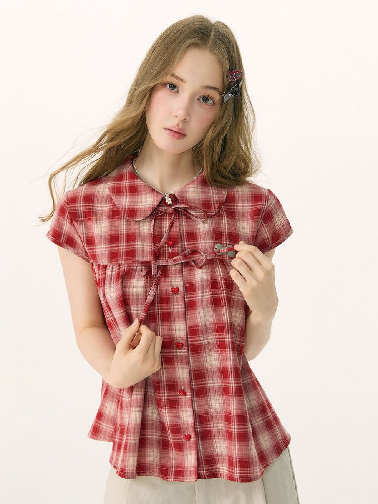 Doll Neck Bow Plaid Preppy Shirt【s0000016850】