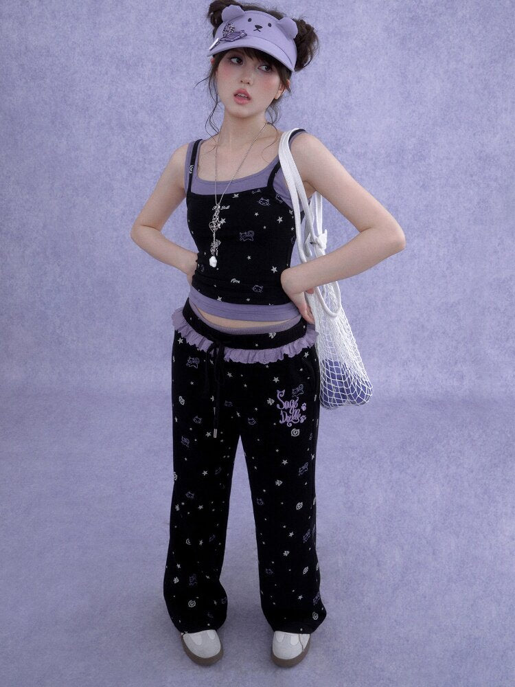 Black Purple Lace Print Trousers【s0000016649】
