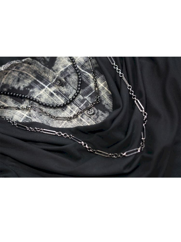 Plaid Tie-Dye Black Swing Neck Long Sleeve Blouse【s0000013887】