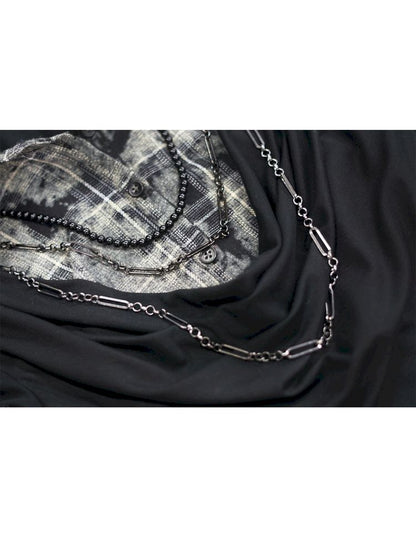 Plaid Tie-Dye Black Swing Neck Long Sleeve Blouse【s0000013887】