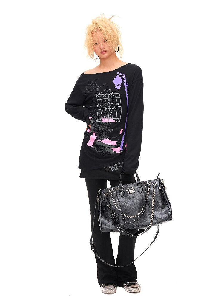 Dark Night Cat Slanted Long Top【s0000016935】