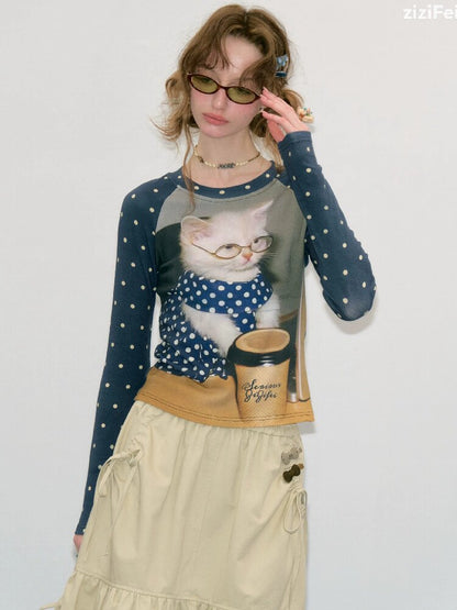 Navy Polka Dot Cat Print Shirt【s0000017894】