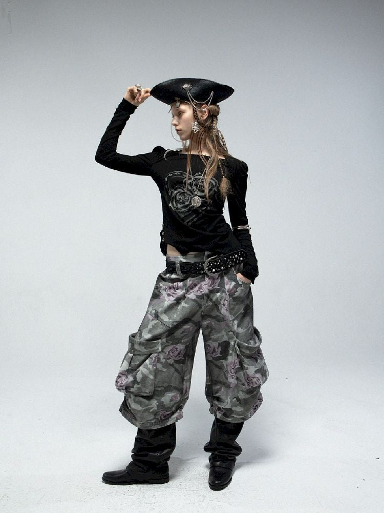 Bubble Sleeve Square Neck Printed Long Sleeve Tee【s0000011840】