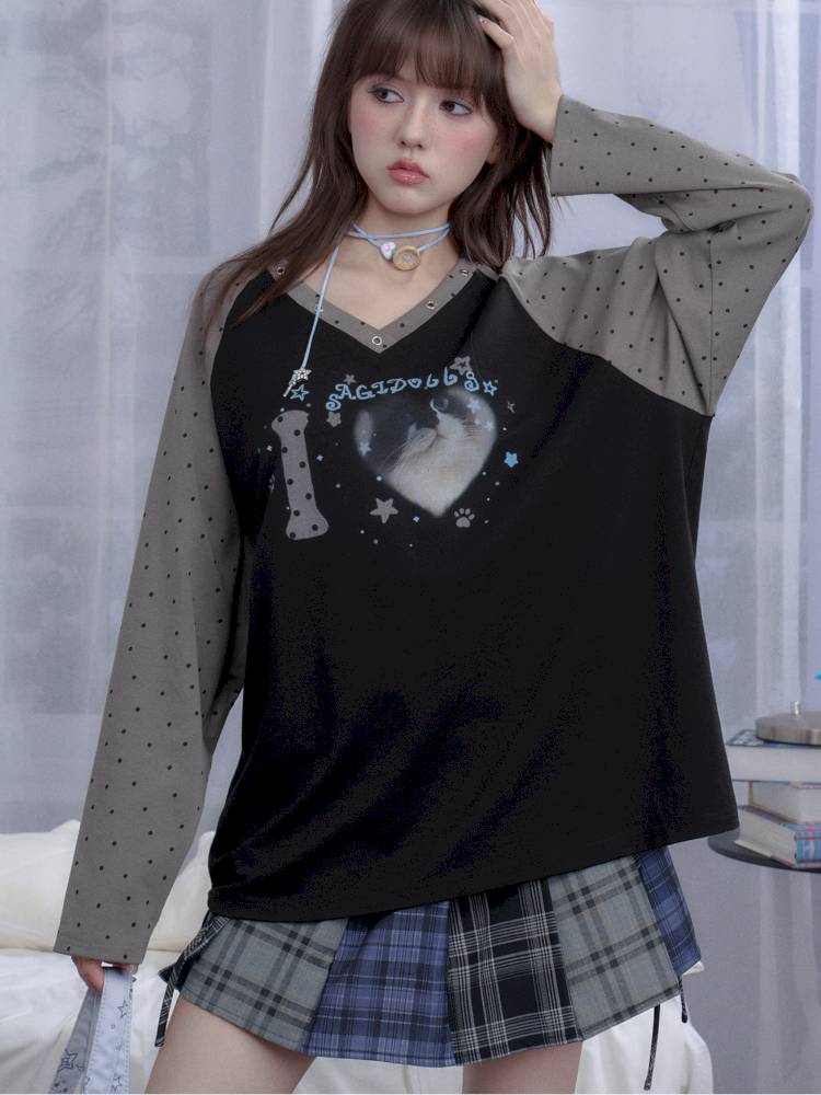 Polka Dot Raglan Long Sleeve T-Shirt【s0000014372】