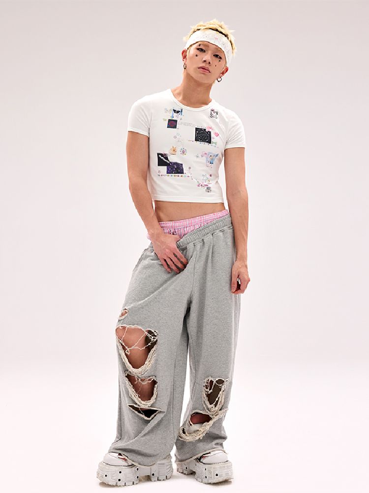 Fake Pants Slanting Ripped Sweatpants【s0000012179