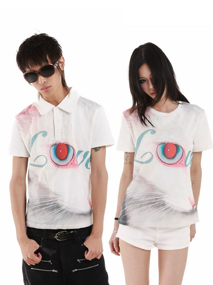 Cat Graphic Printed Street Polo Shirt【s0000018253】