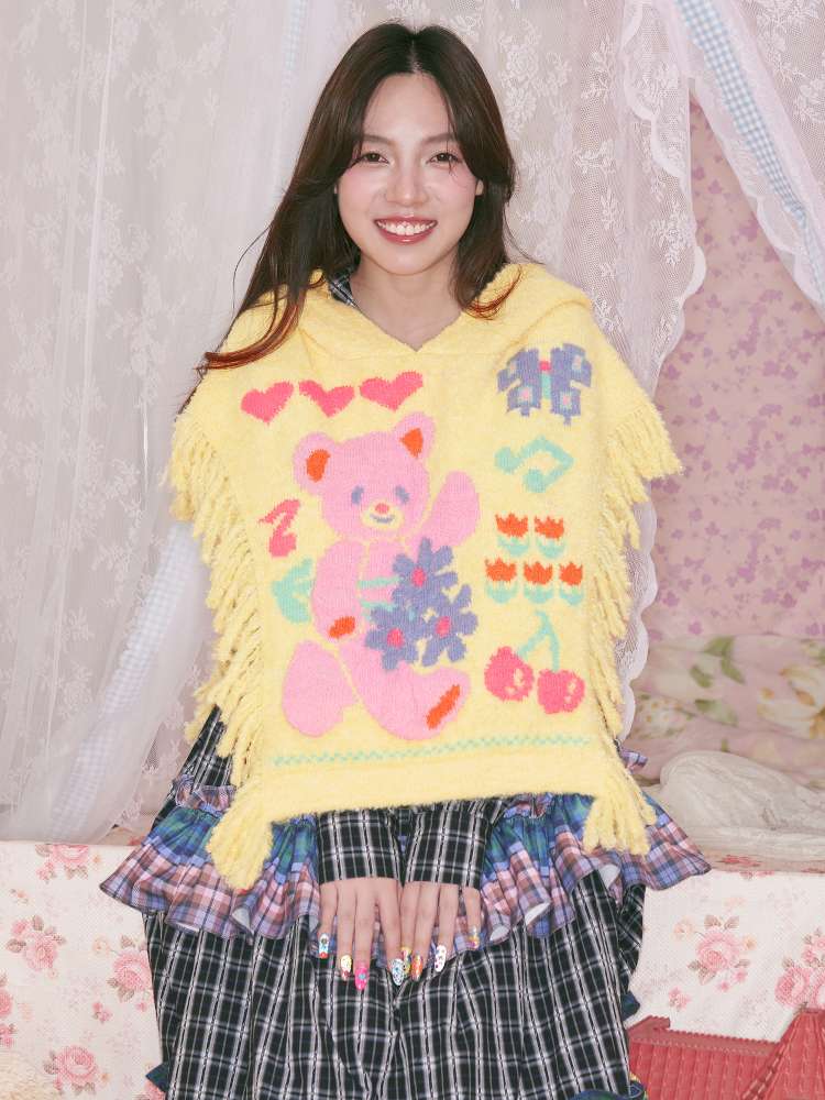 Yellow Bear Knit Shawl Tassel Hooded Cape【s0000014821】