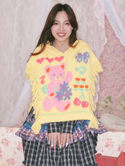 Yellow Bear Knit Shawl Tassel Hooded Cape【s0000014821】