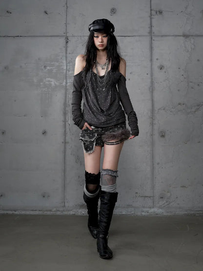 Off-Shoulder Long Sleeve Blouse【s0000014121】