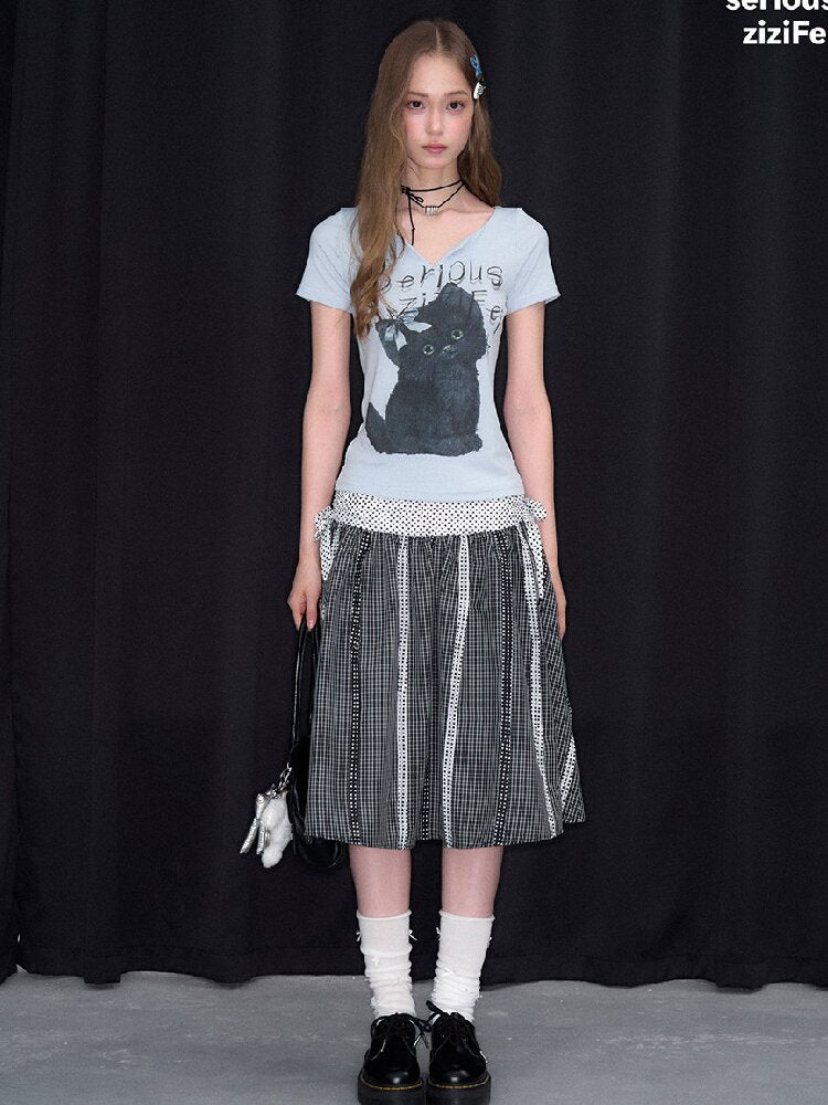 Vneck Cat Print Short Sleeve T Shirt【s0000017158】