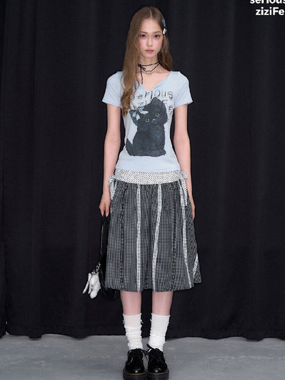 Vneck Cat Print Short Sleeve T Shirt【s0000017158】