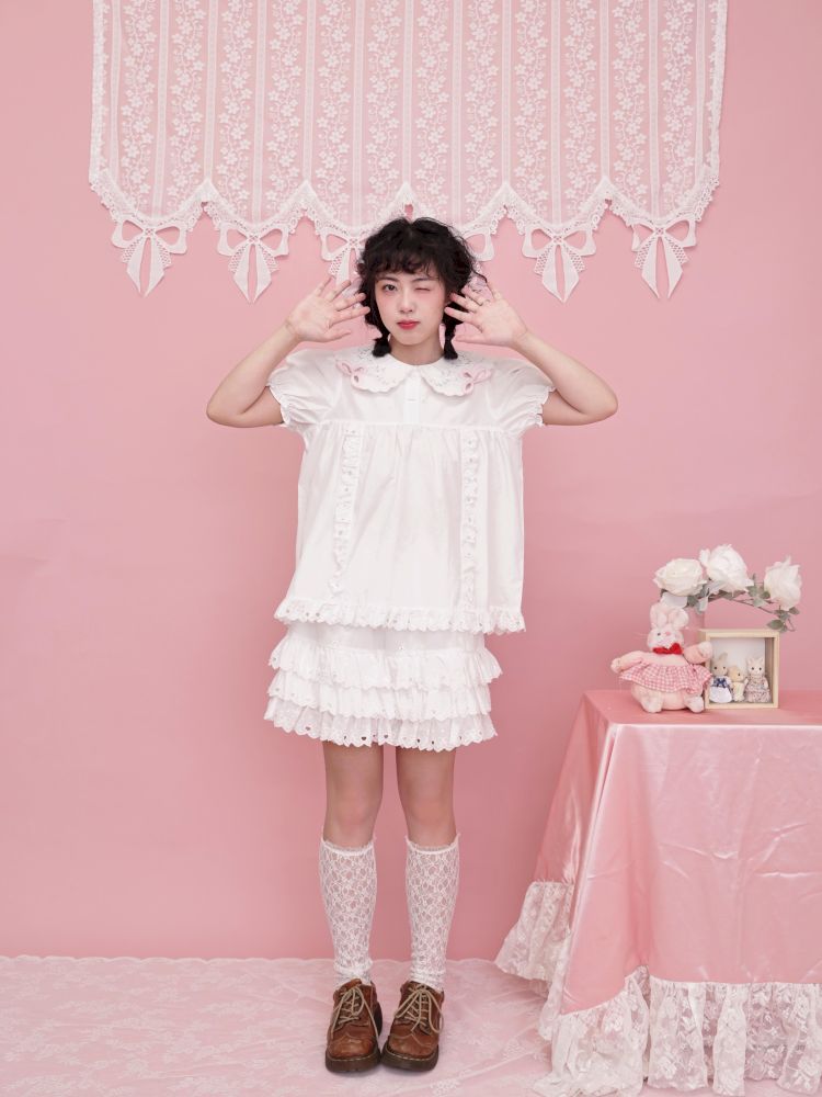 Doll collar puff sleeve lace shirt【s0000012852】