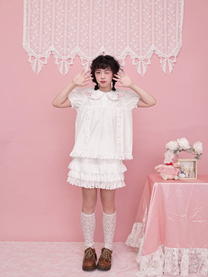 Doll collar puff sleeve lace shirt【s0000012852】