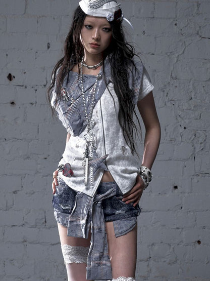 Faux two-piece distressed short-sleeved T-shirt【s0000012790】