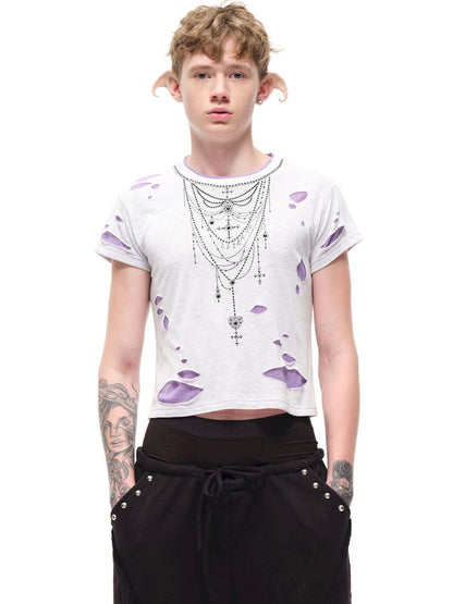 Rhinestone necklace ripped t-shirt【s0000012596】