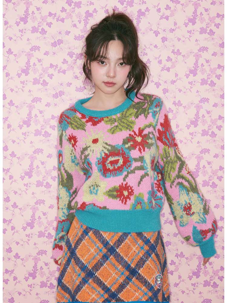 Pink Green Flower Knitted Sweater【s0000015370】