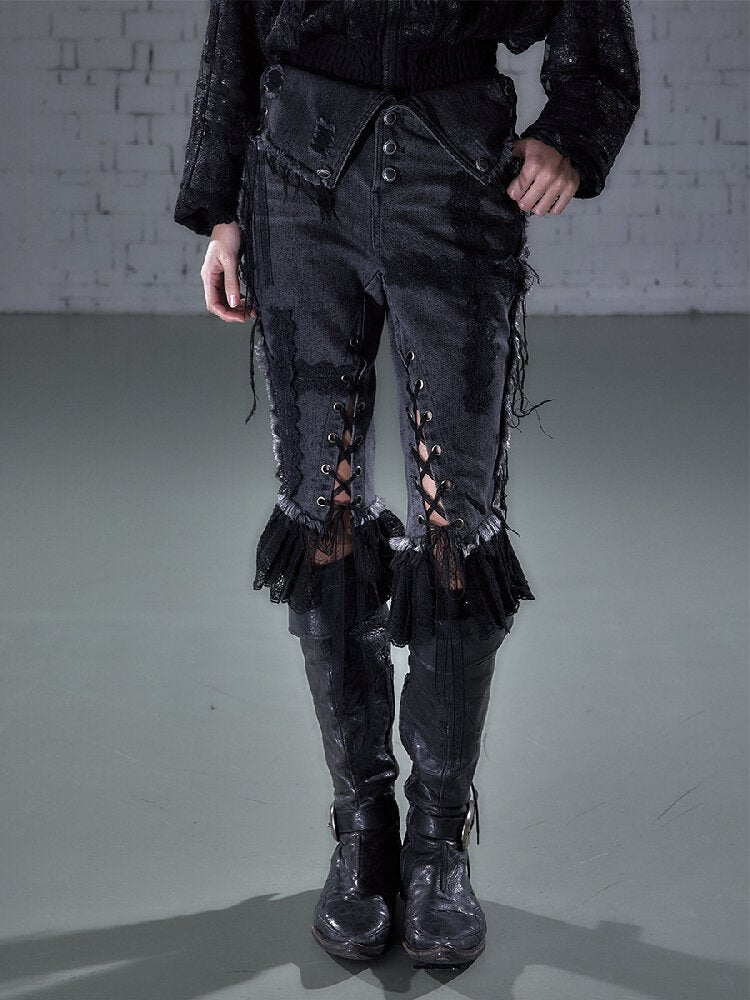 Raw Edge Lace Skinny Denim Pants【s0000016202】