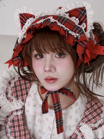 Red Plaid Cute Cat Ear Headband【s0000014106】